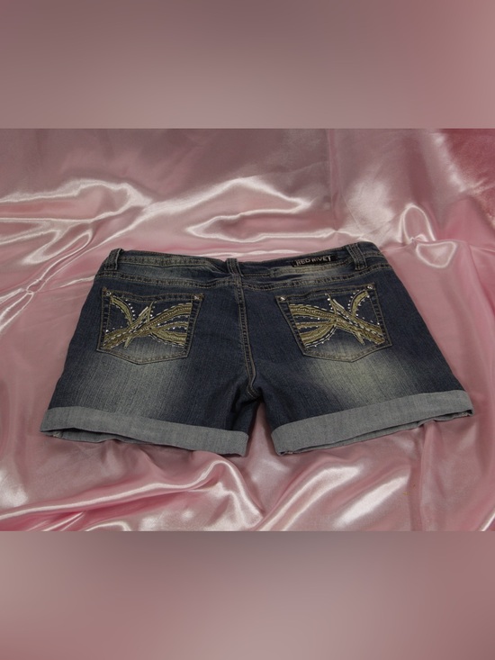 Red Rivet Pants - Red Rivet Rhinestone Jean Shorts